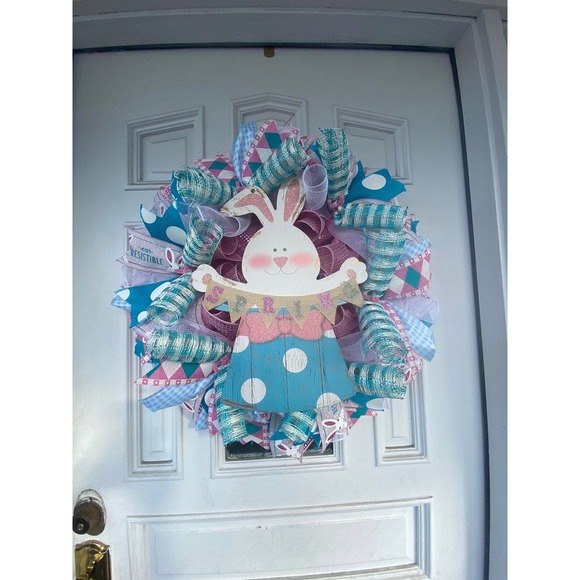 Pink Blue & White Easter Bunny Rabbit Spring Deco Mesh & Ribbon Wreath xxx - Picture 1 of 9